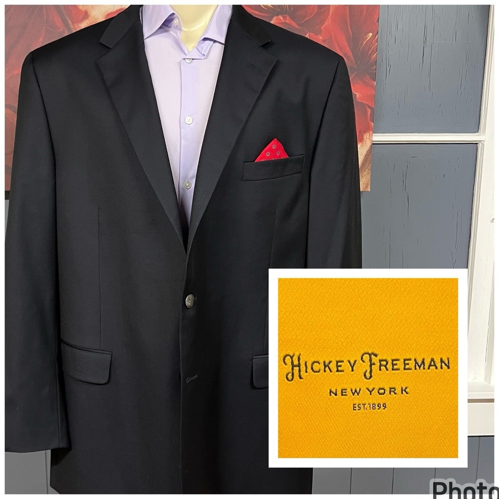 Hickey Freeman Blazer Jacket Sport Coat Mens 50L Long Wool Black Metal Buttons